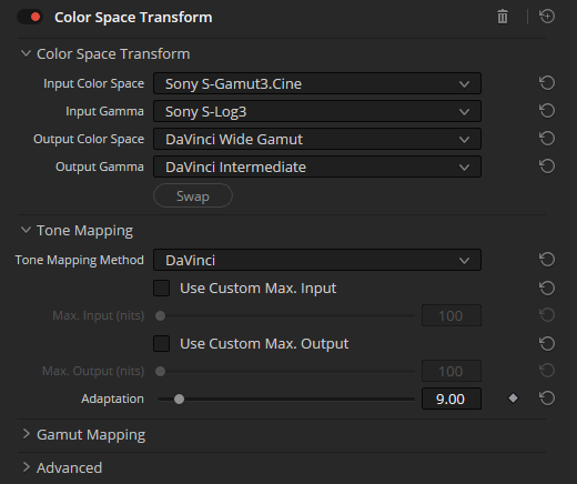 Colour Space Transform settings in DaVinci Resolve
